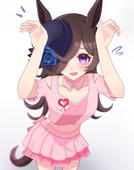 Rule 34 | 1girl, animal ears, blue flower, blue rose, blush, breasts, brown hair, clothing cutout, commentary request, cropped shirt, flipped hair, flower, hair over one eye, hat, hat flower, highres, horse ears, horse girl, horse tail, layered skirt, long hair, looking at viewer, meni shuki rush-sshu!, midriff, navel, open mouth, pink shirt, pink skirt, purple eyes, rice shower (umamusume), rose, shirt, shoulder cutout, skirt, small breasts, smile, solo, tail, teio 420, tilted headwear, umamusume