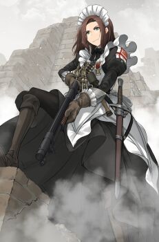 Rule 34 | 1girl, ammunition, ammunition belt, apron, asterisk kome, belt, black bow, black bowtie, bow, bowtie, brown hair, building, commentary, destruction, emblem, evil grin, evil smile, finger on trigger, fourragere, frilled apron, frilled gloves, frills, gina wallace, gloves, green eyes, grin, gun, hand guard, heroes of order, highres, holding, holding weapon, legs apart, long skirt, looking down, maid, maid apron, maid headdress, medal, medium hair, parted bangs, pump action, rubble, ruins, scabbard, sheath, shotgun, shotgun shell, skirt, smile, stick grenade, sword, teeth, weapon, white apron, winchester model 1897