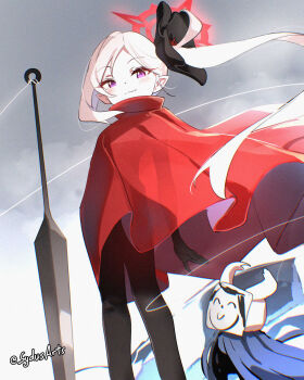 1girl 1other artist_name black_bodystocking blue_archive bodystocking cape character_mask commentary cosplay doodle_sensei_(blue_archive) english_commentary flower hair_flower hair_ornament halo highres hollow_knight hollow_knight:_silksong hornet_(hollow_knight) hornet_(hollow_knight)_(cosplay) knight_(hollow_knight) knight_(hollow_knight)_(cosplay) long_hair mask mutsuki_(blue_archive) needle_(hollow_knight) pointy_ears purple_eyes red_cape red_halo sensei_(blue_archive) side_ponytail smile string sydus twitter_username variant_set white_hair