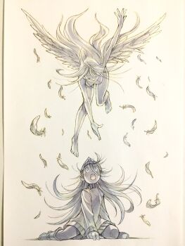 2girls angel angel_wings beanie boots closed_eyes commentary completely_nude dress falling_feathers feathers floating_hair flying greyscale hair_between_eyes hat highres long_hair long_sleeves looking_at_another looking_up monochrome multiple_girls no_nipples nude open_mouth original outstretched_arm peter_salt reaching reaching_towards_another sitting sleeves_past_wrists surprised sweater sweater_dress tears traditional_media turtleneck turtleneck_sweater very_long_hair wariza white_background wide-eyed wings