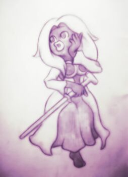 1girl ayu_draws cane dress fakemon full_body gen_1_pokemon greyscale hand_on_own_cheek hand_on_own_face hand_up highres holding holding_cane jynx long_dress long_sleeves monochrome nintendo original parted_bangs parted_lips pokemon solo standing thick_lips traditional_media