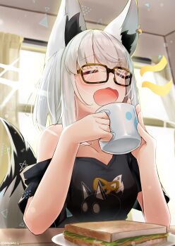 1girl absurdres animal_ear_fluff animal_ears black_shirt blush closed_eyes coffee coffee_mug commentary_request cup earrings food fox_ears fox_girl fox_tail glasses hair_between_eyes highres holding hololive jewelry long_hair mug open_mouth payano_i pentagram sandwich shirakami_fubuki shirakami_fubuki_(loungewear) shirt sitting solo tail virtual_youtuber white_hair
