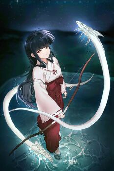 1girl arrow_(projectile) black_hair blunt_bangs bow_(weapon) breasts creature from_above full_body hakama hime_cut holding holding_arrow holding_bow_(weapon) holding_weapon inuyasha japanese_clothes kikyou_(inuyasha) koban7513 long_hair medium_breasts miko red_eyes red_hakama sandals shirt sidelocks soaking_feet solo tabi weapon white_shirt