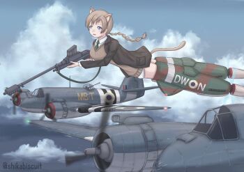 1girl absurdres aircraft airplane animal_ears anti-materiel_rifle blue_eyes bomber braid brown_hair cardigan cat_ears gun highres holding holding_gun holding_weapon jacket lynette_bishop military_vehicle rifle royal_air_force shikabiscuit sky sniper_rifle strike_witches strike_witches:_aurora_no_majo strike_witches:_suomus_misfits_squadron striker_unit tail weapon world_witches_series