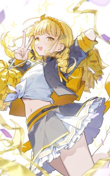 1girl arm_behind_back arm_up black_jacket black_ribbon blonde_hair blurry blush braid cheerleader comiket_107 commentary_request depth_of_field frilled_skirt frills fujita_kotone gakuen_idolmaster hair_ornament hair_ribbon hairclip highres idolmaster jacket long_hair looking_at_viewer low_twin_braids midriff navel ningen_mame open_clothes open_jacket open_mouth pom_pom_(cheerleading) ribbon shirt skirt sleeves_rolled_up smile solo tied_shirt twin_braids two-sided_fabric two-sided_jacket v white_shirt yellow_eyes