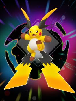 3d fang full_body gen_1_pokemon highres mega_pokemon mega_raichu_x nintendo no_humans official_art open_mouth pokemon pokemon_(creature) pokemon_focus pokemon_legends:_z-a raichu red_eyes smile solo tail