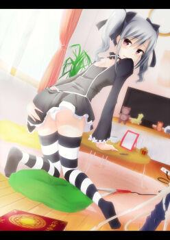 10s 1girl backlighting blush book choker clock curtains drill_hair dutch_angle female_focus from_behind highres idolmaster idolmaster_cinderella_girls kanzaki_ranko kneeling letterboxed long_sleeves looking_back panties pink_eyes plant plug puffy_sleeves short_hair silver_hair skindentation solo striped_clothes striped_thighhighs stuffed_animal stuffed_toy table television thighhighs twintails underwear white_panties window yotuba_mokoh_(benzenex)