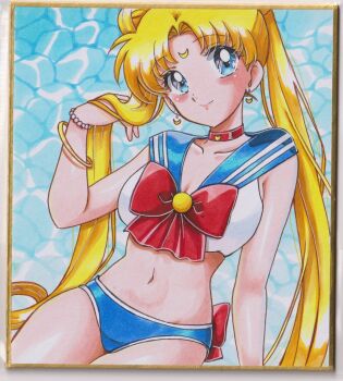 1girl adapted_costume bead_bracelet beads bishoujo_senshi_sailor_moon blonde_hair blue_eyes blue_sailor_collar bow bowtie bra bracelet breasts chikoto_(kztc4472) choker cleavage collarbone crescent crescent_earrings crescent_facial_mark earrings facial_mark gold_bracelet highres jewelry long_hair looking_at_viewer midriff navel panties photo_(medium) red_bow red_bowtie red_choker sailor_collar sailor_moon sailor_moon_narikiri_bra_set sailor_senshi_uniform smile solo traditional_media transformation_brooch_(sailor_moon) tsukino_usagi underwear underwear_only unofficial_sailor_senshi_uniform