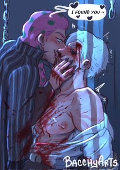 2boys artist_name bacchyarts black_sclera bleeding blood blood_on_clothes blood_on_face blush chain colored_sclera diavolo english_text green_eyes highres jojo_no_kimyou_na_bouken licking_another&#039;s_face long_hair male_focus multiple_boys nipples pants pink_hair red_eyes risotto_nero shirt speech_bubble trembling vento_aureo white_hair yaoi