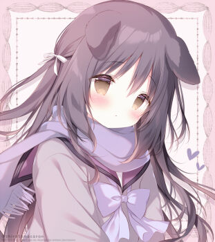 1girl :o animal_ears black_hair blush bow brown_eyes cardigan commentary dog_ears dog_girl fringe_trim grey_cardigan hair_between_eyes hair_bow heart long_hair looking_at_viewer open_mouth original purple_bow purple_sailor_collar purple_scarf ribbon sailor_collar scarf shiratama_(shiratamaco) shirt solo symbol-only_commentary upper_body white_ribbon white_shirt