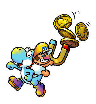 2boys absurdres baby_wario blue_skin boots brown_hair clenched_hands coin colored_skin diaper dragon_coin_(mario) grin hat highres light_blue_yoshi looking_at_viewer magnet mario_(series) multiple_boys nakagawa_yasuhisa nintendo official_art open_mouth purple_boots short_hair simple_background smile third-party_source wario white_background yellow_hat yoshi yoshi&#039;s_island_ds