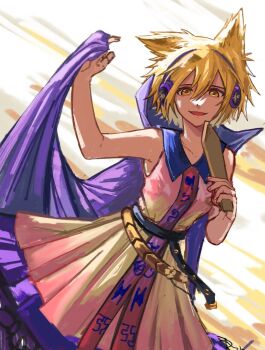 Rule 34 | belt, blonde hair, breasts, cape, commentary, dress, earmuffs, highres, holding, looking at viewer, open mouth, pointy hair, purple cape, ritual baton, rlwezar, short hair, sleeveless, sleeveless dress, small breasts, smile, touhou, toyosatomimi no miko, yellow eyes