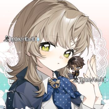 Rule 34 | 1boy, 1girl, :<, aqua background, artist request, black hair, black jacket, black pants, blue cape, blue eyes, blue neckerchief, brother and sister, brother and step-sister, brown hair, cape, chibi, chibi inset, collared shirt, commission, gradient background, green eyes, grin, hands up, highres, holding, holding mini person, j (reverse:1999), jacket, looking at viewer, medium hair, mini person, miniboy, neckerchief, own hands together, pants, paulina (reverse:1999), pink background, pixel text, polka dot neckerchief, raised eyebrow, reverse:1999, second-party source, shirt, siblings, smile, solo focus, step-brother and step-sister, step-siblings, stuffed animal, stuffed toy, teddy bear, two-tone background, watermark, white shirt