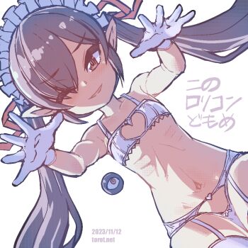 1girl backbeako_(torotei) backbeard black_hair blush bra breasts cleavage_cutout clothing_cutout commentary crotch_cutout dated dated_commentary dutch_angle eyes_visible_through_hair female_focus garter_belt gegege_no_kitarou gloves hair_over_one_eye hair_ribbon heart heart_cutout kono_lolicon_domome loli long_hair looking_at_viewer maid_headdress navel one_eye_closed open_hands original outstretched_arms paid_reward_available panties parted_lips pear-shaped_figure pointy_ears red_ribbon ribbon ribs simple_background small_breasts smile solo thighhighs torotei translated twintails underwear watermark web_address white_background white_bra white_gloves white_panties white_thighhighs