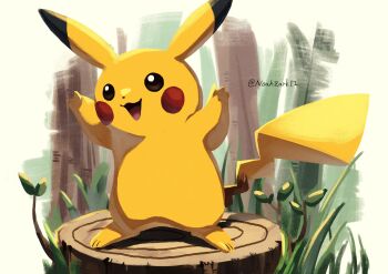 absurdres animal_focus full_body gen_1_pokemon grass highres nintendo no_humans noahzark1212 on_tree_stump open_mouth pikachu pokemon pokemon_(creature) pokemon_focus smile solo tail tree tree_stump