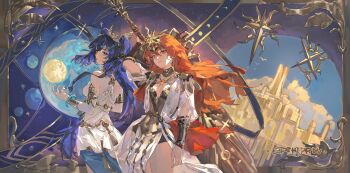 2girls absurdres ancient_greek_clothes arm_armor armor augusta_(wuthering_waves) bare_shoulders black_collar blue_eyes blue_hair breastplate cloud collar commentary_request dihedron dress earrings gold_bra greatsword greco-roman_clothes headgear highres holding holding_behind_back holding_sword holding_sword_behind_back holding_weapon holding_weapon_behind_back iuno_(wuthering_waves) jewelry laurel_crown long_hair looking_at_viewer moon multiple_girls orange_eyes orange_hair sky sun_earrings sun_necklace sun_ornament sword tower twintails weapon white_dress wuthering_waves