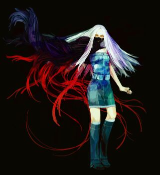 1girl absurdres belt black_background black_nails blue_dress body_horror denim_boots denim_dress dress full_body highres jewelry long_hair looking_at_viewer ring shin_megami_tensei shin_megami_tensei_iii:_nocturne sleeveless sleeveless_dress solo tachibana_chiaki_(megami_tensei) white_hair xero yellow_eyes