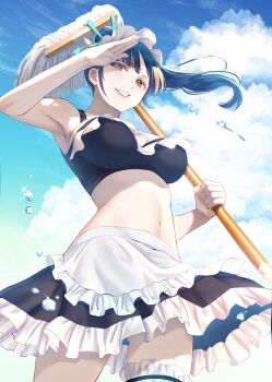 1girl apron armpits bare_shoulders bikini black_bikini black_skirt blue_hair breasts clenched_teeth cloud cloudy_sky commentary_request cover cover_image cover_page cowboy_shot day frilled_apron frilled_bikini frilled_skirt frilled_thigh_strap frills gluteal_fold hand_up highres holding holding_mop long_hair looking_at_viewer maid maid_apron maid_bikini maid_headdress manga_cover megami_no_cafe_terrace miniskirt mop navel official_art orange_eyes outdoors ponytail seo_kouji skirt sky solo swimsuit teeth thigh_strap tsuruga_ami unconventional_maid waist_apron waitress water_drop white_apron