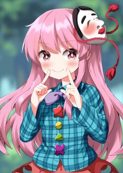 Rule 34 | 1girl, blurry, blurry background, blush, bow, bowtie, bright pupils, buttons, closed mouth, collared shirt, commentary, cowboy shot, fingersmile, green shirt, hair between eyes, hata no kokoro, highres, long hair, long sleeves, looking at viewer, mask, mask on head, orange skirt, pink eyes, pink hair, plaid clothes, plaid shirt, purple bow, purple bowtie, ruu (tksymkw), shirt, skirt, smile, solo, star (symbol), star button, touhou