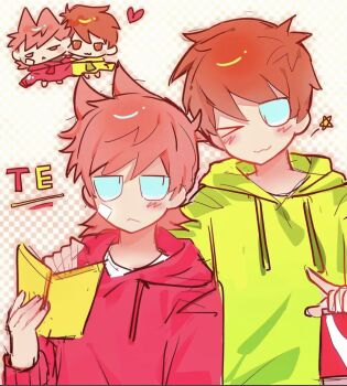 Rule 34 | 2boys, :3, animification, antenna hair, arm around shoulder, bandage on cheek, blush, book, brown hair, can, chibi, chibi inset, cola, drawstring, drink, drink can, edd (eddsworld), eddsworld, flipped hair, frown, green hoodie, hair behind ear, hair ears, height difference, highres, holding, holding book, holding can, holding drink, hood, hood down, hoodie, long sleeves, male focus, multiple boys, multiple views, one eye closed, pairing name, red hoodie, shared clothes, short hair, sketch, smile, swept bangs, tord (eddsworld), upper body, yaoi, yunian77
