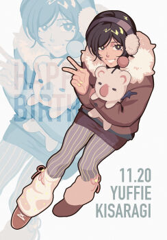 1girl absurdres alternate_costume birthday black_hair brown_jacket character_name dated earmuffs final_fantasy final_fantasy_vii full_body fur-trimmed_jacket fur_trim grey_pantyhose happy_birthday highres holding holding_stuffed_toy jacket jacoline long_sleeves looking_at_viewer loose_socks miniskirt moogle pantyhose short_hair skirt smile socks solo striped_clothes striped_pantyhose stuffed_animal stuffed_toy v vertical-striped_clothes vertical-striped_pantyhose white_socks yuffie_kisaragi