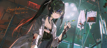 1girl absurdres artist_name black_hair black_nails blood blood_bag blood_on_arm blood_on_body blue_streaks cable_tie chain-link_fence closed_mouth coat commentary_request dated eyepatch fence grey_coat happy_halloween highres holding holding_syringe indoors iv_stand lab_coat light_rays long_hair medical_eyepatch multicolored_hair nail_polish open_clothes open_coat original red_streaks scissors_hair_ornament signature sleeve_rolled_up solo stethoscope stethoscope_around_neck stitched_neck stitches streaked_hair surgical_light syringe syringe_hair_ornament tochigi_1990 twintails