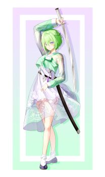 Rule 34 | 1girl, absurdres, black shoes, braid, closed mouth, cropped shirt, dress, floral print, full body, gradient background, green hair, green shirt, hair between eyes, half up braid, hashtag-only commentary, highres, holding, holding sword, holding weapon, katana, layered dress, long bangs, long sleeves, moon (restire), purple eyes, see-through clothes, see-through dress, shadow, sheath, shirt, shoes, short hair, smile, socks, solo, standing, stellive, sword, virtual youtuber, weapon, white dress, white socks, yuzuha riko