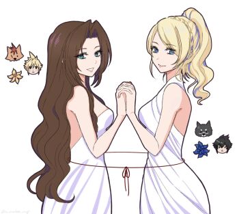 2boys 2girls aerith_gainsborough animal backless_dress backless_outfit bare_arms bare_shoulders black_hair blonde_hair blue_eyes blue_flower braid breasts chibi chibi_inset closed_mouth cloud_strife commentary cowboy_shot crown_braid dog dress english_commentary final_fantasy final_fantasy_vii final_fantasy_vii_rebirth final_fantasy_vii_remake final_fantasy_xv flower green_eyes hair_between_eyes highres holding_hands hu_manbee_ing interlocked_fingers lily_(flower) long_dress long_hair looking_at_viewer lunafreya_nox_fleuret medium_breasts multiple_boys multiple_girls noctis_lucis_caelum official_alternate_costume parted_bangs parted_lips ponytail red_xiii scar scar_across_eye scar_on_face short_hair sidelocks sleeveless sleeveless_dress smile spiked_hair strapless strapless_dress string string_of_fate swept_bangs umbra_(ff15) wavy_hair white_dress yellow_flower