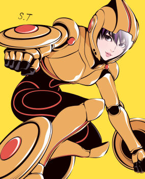 1girl big_hero_6 black_hair bodysuit clenched_hand closed_mouth commentary_request cowboy_shot gogo_tomago helmet limited_palette looking_at_viewer multicolored_hair pink_lips purple_eyes purple_hair signature simple_background solo spot_color takanashi_shin two-tone_hair yellow_background yellow_bodysuit