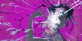 1girl absurdres black_hair black_ribbon chainsaw_man explosion grenade_pin grey_skirt highres pink_background pink_eyes reze_(chainsaw_man) ribbon shirt skirt sleeveless sleeveless_shirt solo tomoyasu_shu