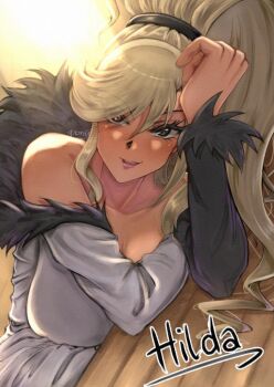 1girl bare_shoulders black_eyes blonde_hair breasts cleavage commentary dress english_commentary heterochromia high_ponytail highres hilda_(under_night_in-birth) large_breasts long_hair multicolored_dress off-shoulder_dress off_shoulder ponii ponytail red_eyes sitting table two-tone_dress under_night_in-birth very_long_hair