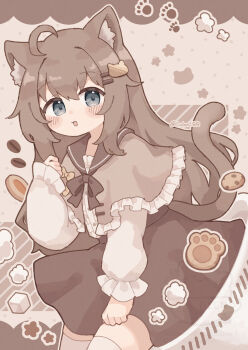 Rule 34 | 1girl, :d, absurdres, ahoge, animal ear fluff, animal ears, black sailor collar, black skirt, blue eyes, blush stickers, brown hair, capelet, cat ears, cat girl, cat tail, colon br, commentary request, cookie, cowboy shot, food, frilled capelet, frills, grey background, grey capelet, hand up, highres, long hair, long sleeves, looking at viewer, open mouth, original, polka dot, polka dot background, sailor collar, shirt, skirt, smile, solo, tail, thighhighs, twitter username, white shirt, white thighhighs