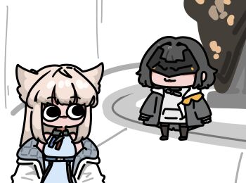 2girls :3 animal_ears arknights arknights:_endfield bird_ears bird_girl black_eyes black_hair black_mask blonde_hair blue_shirt chibi coat commentary endministrator_(arknights) eye_mask female_endministrator_(arknights) grey_coat grey_sweater highres jacket looking_at_another mask multiple_girls off_shoulder open_clothes open_coat originium_(arknights) perlica_(arknights) shirt sleeveless sleeveless_shirt sonwooang standing sweater symbol-only_commentary white_jacket