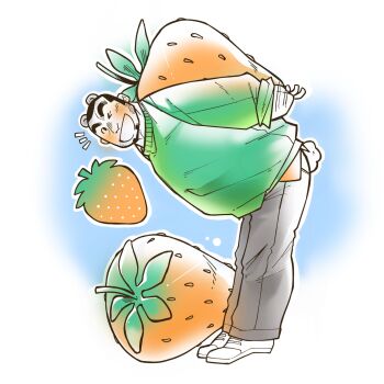 1boy :d animal_ears bear_boy bear_ears bear_tail bent_over black_hair blush commentary english_commentary facial_hair food fruit full_body goatee green_sweater grey_pants grgxrt highres long_sleeves male_focus mature_male notice_lines one_eye_closed open_mouth original oversized_food oversized_object pants receding_hairline shoes short_hair sideburns_stubble smile solo strawberry stubble sweater tail thick_eyebrows white_shoes