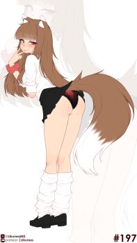 1girl absurdres animal_ears black_shoes black_skirt blush brown_hair clenched_teeth commentary dress_shirt english_commentary fang from_behind grin highres holo lace lace-trimmed_panties lace_trim likunea long_hair looking_at_viewer panties patreon_logo patreon_username red_eyes red_panties scrunchie shirt shoes simple_background skirt smile solo spice_and_wolf standing tail teasing teeth thighs twitter_username twitter_x_logo underwear white_shirt wolf_ears wolf_girl wolf_tail zoom_layer