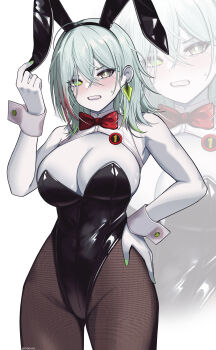 1girl absurdres animal_ears black_leotard bow breasts cleavage commentary_request diabellstar_the_black_witch duel_monster fake_animal_ears gimyogi green_eyes green_nails grey_eyes grey_hair grin hand_on_own_hip highres large_breasts leotard looking_at_viewer playboy_bunny red_bow smile teeth wrist_cuffs yu-gi-oh!