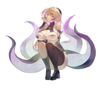 1girl 778_(fan7) absurdres arm_rest beret black_hat black_shoes blonde_hair breasts brown_thighhighs button_gap cleavage commentary_request detached_sleeves full_body hat head_rest highres large_breasts looking_at_viewer parted_lips purple_eyes shirt shoes short_hair simple_background single_thighhigh solo squatting suction_cups tentacle_girl tentacle_tail tentacles thighhighs white_background white_shirt yidhari_murphy zenless_zone_zero