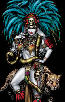 1girl absurdres alternate_costume armlet black_background blank_eyes blue_feathers colored_skin facepaint feathers headdress highres jaguar jewelry lady_death lady_death_(character) looking_at_viewer mayan_clothes mike_krome native_american_headdress pelvic_curtain red_feathers red_lips simple_background skull snake solo standing white_hair white_skin