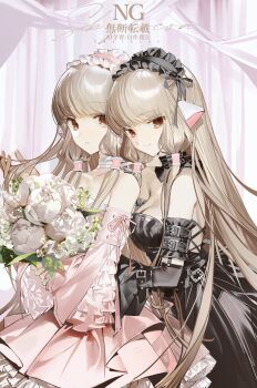 Rule 34 | 2girls, absurdres, android, bare shoulders, black dress, blonde hair, bouquet, breasts, brown eyes, chii, chobits, cleavage, commentary, detached sleeves, dress, flower, freya (chobits), frilled hairband, frilled sleeves, frills, hairband, hand in another's hair, highres, holding, holding bouquet, light smile, long hair, looking at viewer, multiple girls, persocom (chobits), pink dress, robot ears, robot girl, shycocoa, untranslatable commentary