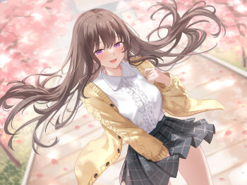 Rule 34 | 1girl, :d, black skirt, blurry, blurry background, blush, brown hair, cardigan, cherry blossoms, clothes lift, dutch angle, highres, long hair, long sleeves, looking at viewer, open mouth, original, purple eyes, road, school uniform, shirt, sidelocks, skirt, skirt lift, smile, solo, standing, suzuame yatsumi, sweater, vanishing point, white shirt, wind, wind lift, yellow cardigan