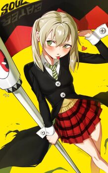 Rule 34 | 1girl, blonde hair, blush, collared shirt, commentary, copyright name, green eyes, green necktie, highres, looking to the side, maka albarn, necktie, red skirt, shirt, skirt, solo, soul eater, standing, tongue, tongue out, twintails, waligner, white shirt
