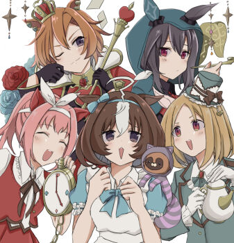 Rule 34 | 5girls, :d, ;), @ @, admire vega (umamusume), ahoge, alice's adventures in wonderland, alice (alice in wonderland), alice (alice in wonderland) (cosplay), alternate hair color, animal ears, black gloves, black hair, blonde hair, blue bow, blue bowtie, blue flower, blue hairband, blue rose, blush, bow, bowtie, breasts, brown hair, brown ribbon, caterpillar (alice in wonderland), caterpillar (alice in wonderland) (cosplay), commentary request, cosplay, ear covers, flower, gloves, green jacket, hairband, haru urara (umamusume), highres, holding, holding pocket watch, holding staff, holding teapot, horse ears, horse girl, jacket, large breasts, long hair, mad hatter (alice in wonderland), mad hatter (alice in wonderland) (cosplay), meisho doto (umamusume), multiple girls, narita top road (umamusume), neck ribbon, one eye closed, open mouth, orange eyes, orange hair, pink hair, pocket watch, ponytail, puffy short sleeves, puffy sleeves, purple eyes, queen of hearts (alice in wonderland), queen of hearts (alice in wonderland) (cosplay), red eyes, red flower, red rose, ribbon, rose, short hair, short sleeves, single ear cover, smile, staff, t.m. opera o (umamusume), teapot, umamusume, usako (umauma0602), watch, white gloves, white hair, white hairband, white rabbit (alice in wonderland), white rabbit (alice in wonderland) (cosplay)
