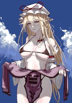 Rule 34 | 1girl, absurdres, blonde hair, blue sky, bow, closed mouth, cloud, collarbone, commentary request, cowboy shot, day, detached sleeves, hair bow, hat, hat ribbon, highres, long hair, looking at viewer, mob cap, purple tabard, red bow, red ribbon, ribbon, sky, solo, tabard, touhou, very long hair, yakumo yukari, yautja, yellow eyes