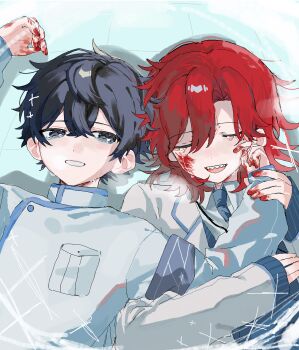 Rule 34 | 2boys, absurdres, arm hug, arm up, armband, bags under eyes, black hair, blood, blood on hands, blue necktie, commentary request, crying, grey armband, grin, highres, hyoutenka 30-do no zetsubou, jacket, kuchinashi dabi, lapels, male focus, medium hair, multiple boys, necktie, ozui (ozuizui), red hair, sad smile, sharp teeth, short hair, smile, tears, teeth, tonimura yui, white jacket, wiping another's face, wiping tears
