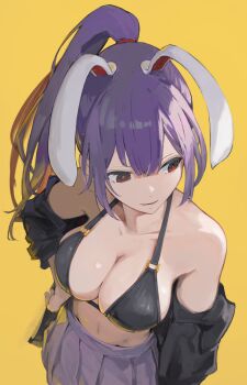 1girl absurdres bare_shoulders black_bra bra highres purple_hair purple_skirt rabbit_ears rabbit_girl red_eyes reisen_udongein_inaba sashimi_oniku skirt solo touhou underwear yellow_background
