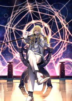 Rule 34 | 1boy, ascot, blonde hair, blue ascot, blue eyes, chair, commentary request, covered mouth, crossed legs, elbow rest, fate/grand order, fate (series), formal clothes, full body, gloves, gold trim, hair between eyes, head rest, highres, holding, holding staff, jacket, kainown, kirschtaria wodime, long hair, long sleeves, looking at viewer, mage staff, magic circle, male focus, on chair, outdoors, outstretched arm, pants, pointing, pointing at viewer, shoes, sitting, solo, staff, suit, vest, white gloves, white jacket, white pants, white shoes, white suit, white vest