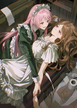 2girls absurdres alternate_costume apron bang_dream! bang_dream!_it&#039;s_mygo!!!!! brown_hair chihaya_anon collarbone dress enmaided eye_contact fang frilled_apron frilled_dress frills grey_eyes hair_spread_out hair_tie hair_tie_on_wrist highres indoors juliet_sleeves light_blush long_hair long_sleeves looking_at_another maid maid_apron maid_headdress multiple_girls nagasaki_soyo paper_boat pink_hair pong_(pong_o0) puffy_sleeves sideways_mouth skin_fang toilet_paper very_long_hair white_apron white_dress white_headdress yuri