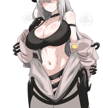 1girl absurdres alternate_breast_size_(larger) arknights bare_shoulders black_gloves black_sports_bra blush breasts choebal1356201 cleavage closed_mouth collarbone covered_erect_nipples cowboy_shot gloves grey_hair grey_jumpsuit groin hair_between_eyes hashtag-only_commentary highres horns huge_breasts infection_monitor_(arknights) jumpsuit long_hair material_growth mudrock_(arknights) mudrock_(elite_ii)_(arknights) navel no_eyes open_jumpsuit oripathy_lesion_(arknights) pointy_ears shaded_face simple_background solo sports_bra steaming_body stomach sweat sweaty_clothes undressing very_sweaty white_background