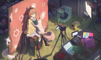 1girl absurdres adjusting_another's_clothes ahoge animalization annytf artist_name black_socks blue_eyes blue_skirt bow bowtie brown_hair brown_shoes camera cardigan commentary computer english_commentary filian_(vtuber) full_body green_bow green_bowtie hair_ribbon highres indie_virtual_youtuber kitanya_nyanta laptop loafers long_hair neuro-sama objectification pleated_skirt rable red_ribbon ribbon sailor_collar shoes sitting skirt slice_of_toma socks table test_card trash tripod turtle twitter_username two_side_up vedal987 video_camera virtual_youtuber