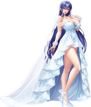 1girl akiyama_rinko alternate_costume blue_hair blush breasts bridal_veil bride curvy full_body high_heels huge_breasts lilith-soft long_hair looking_at_viewer non-web_source official_alternate_costume open_mouth purple_eyes shiny_skin smile standing taimanin_(series) taimanin_rpgx taimanin_yukikaze transparent_background veil very_long_hair wide_hips yumaru_(marumarumaru)